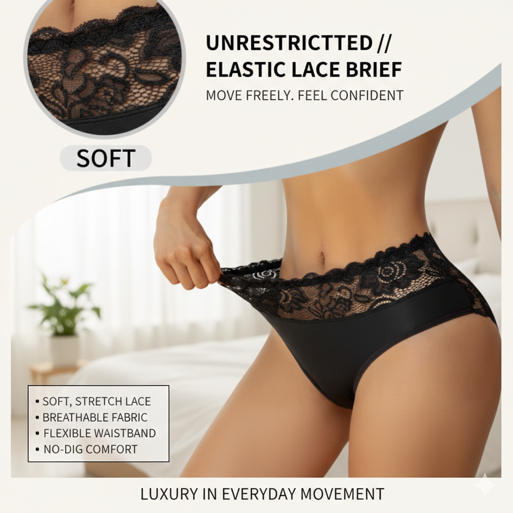 3-Pack Women's High Waist Comfort Underwear: Exquisite Floral Lace Briefs - Soft Solid Color Panties for Casual Daily Wear & Gentle Tummy Control
