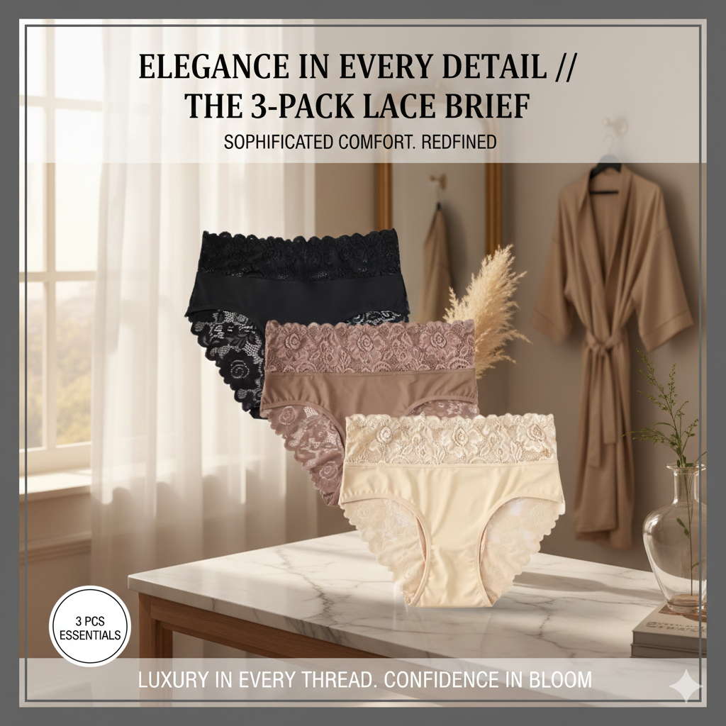 3-Pack Women's High Waist Comfort Underwear: Exquisite Floral Lace Briefs - Soft Solid Color Panties for Casual Daily Wear & Gentle Tummy Control