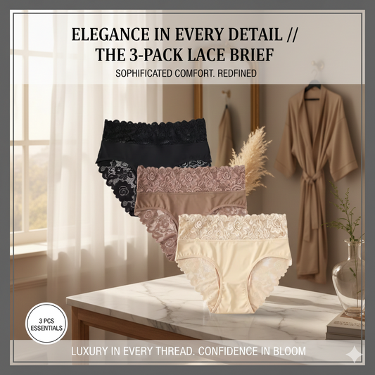 3-Pack Women's High Waist Comfort Underwear: Exquisite Floral Lace Briefs - Soft Solid Color Panties for Casual Daily Wear & Gentle Tummy Control