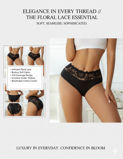 3-Pack Women's High Waist Comfort Underwear: Exquisite Floral Lace Briefs - Soft Solid Color Panties for Casual Daily Wear & Gentle Tummy Control