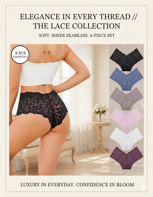 Exquisite Floral Lace Transparent Panties (4 PCS): Sexy Low-Waist Hollow Out Briefs - Premium Soft Sheer Lingerie for Elegant Daily Comfort