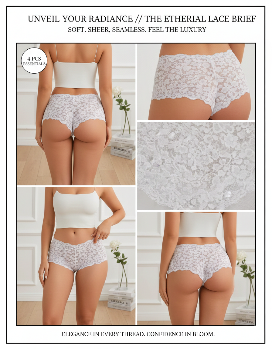 Exquisite Floral Lace Transparent Panties (4 PCS): Sexy Low-Waist Hollow Out Briefs - Premium Soft Sheer Lingerie for Elegant Daily Comfort