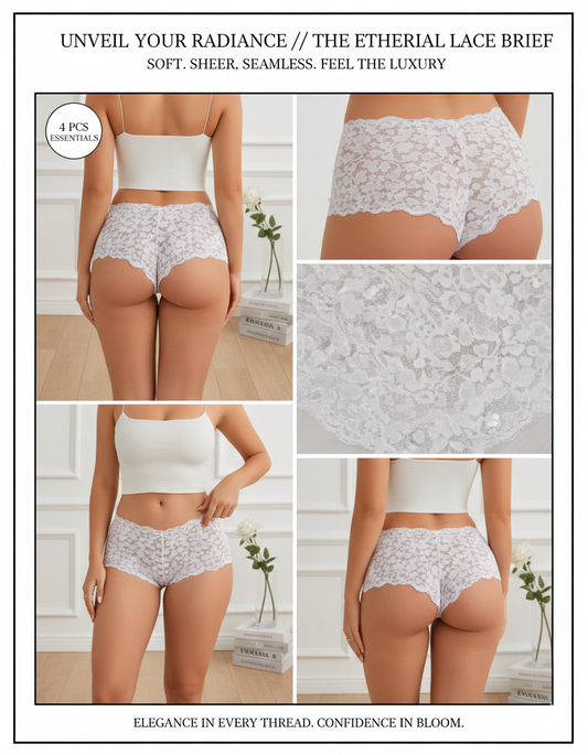 Exquisite Floral Lace Transparent Panties (4 PCS): Sexy Low-Waist Hollow Out Briefs - Premium Soft Sheer Lingerie for Elegant Daily Comfort