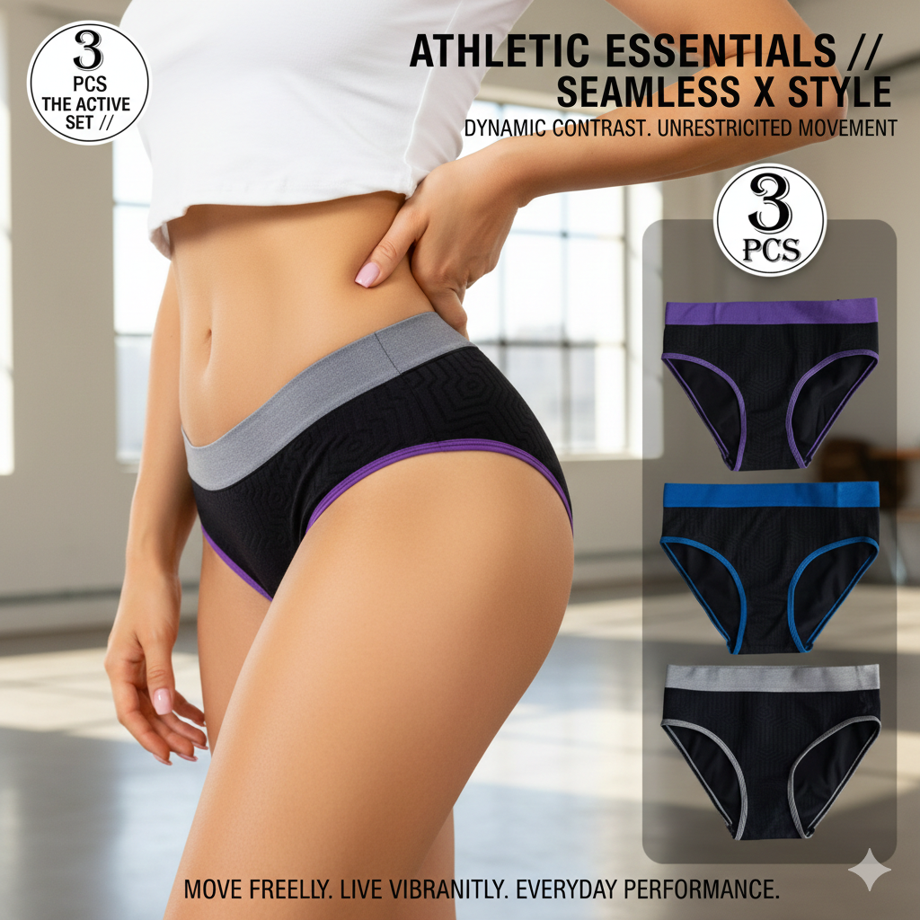 Seamless Mid-Rise Women's Briefs (3 PCS): Casual Everyday Sports Style Underwear - No-Show Invisible Panties with Contrast Geometric Design