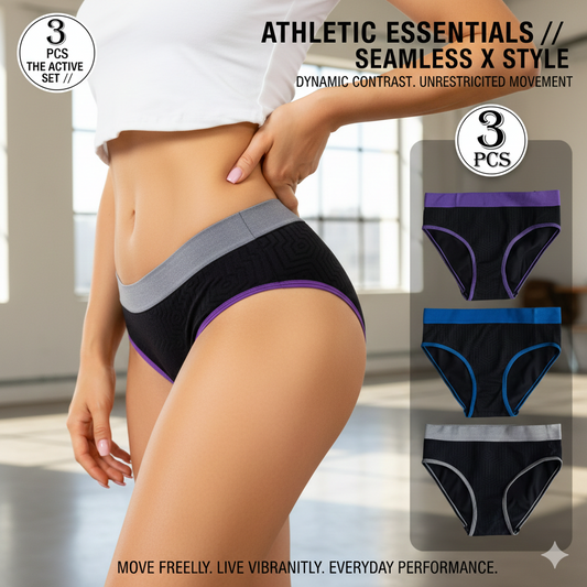 Seamless Mid-Rise Women's Briefs (3 PCS): Casual Everyday Sports Style Underwear - No-Show Invisible Panties with Contrast Geometric Design