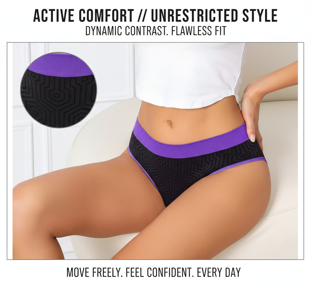 Seamless Mid-Rise Women's Briefs (3 PCS): Casual Everyday Sports Style Underwear - No-Show Invisible Panties with Contrast Geometric Design