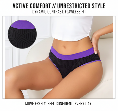 Seamless Mid-Rise Women's Briefs (3 PCS): Casual Everyday Sports Style Underwear - No-Show Invisible Panties with Contrast Geometric Design