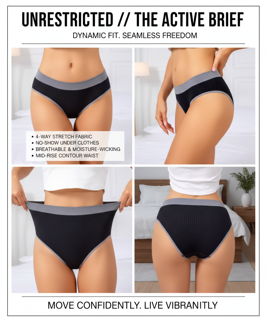 Seamless Mid-Rise Women's Briefs (3 PCS): Casual Everyday Sports Style Underwear - No-Show Invisible Panties with Contrast Geometric Design